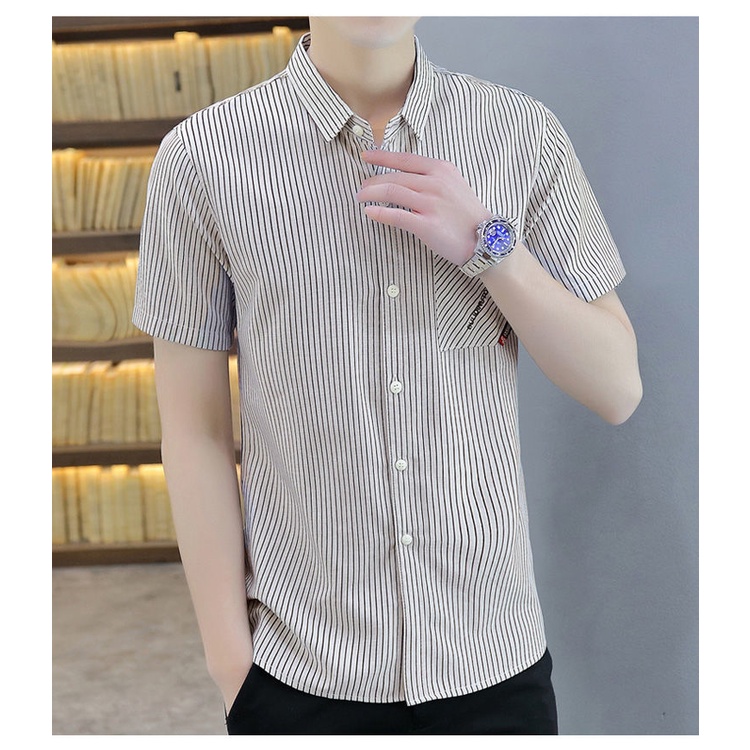 Áo Sơ Mi Nam Ngắn Tay Họa Tiết Kẻ Sọc Phong Cách Hàn Quốc Mới