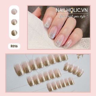 Móng Tay Giả 24 Móng [FREESHIP ĐƠN 50K] Ombre Nhũ Vàng Tặng Keo Dán Móng [R016]