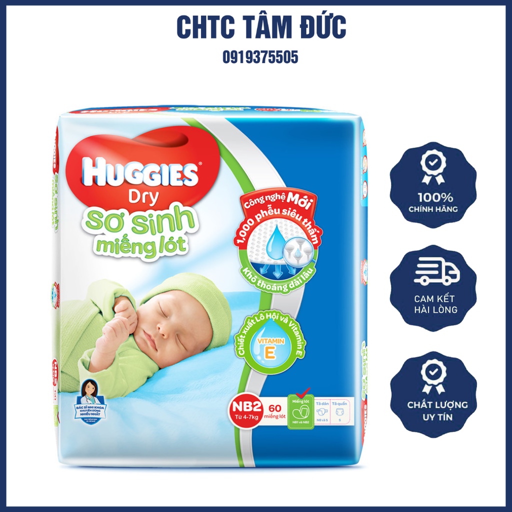 Tã Dán Miếng Lót Sơ Sinh Huggies-Nb2 60 Miếng Lót Siêu Thấm Cao Cấp