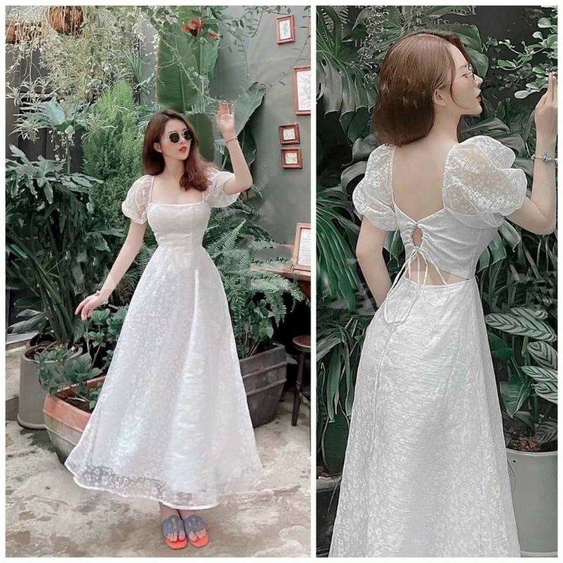 Đầm trắng ren tay phồng cut out lưng