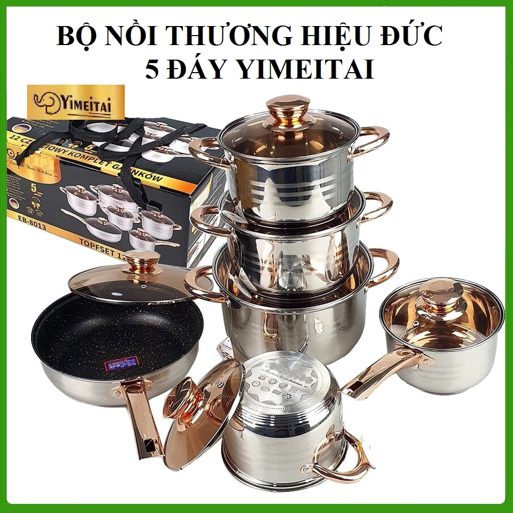 Bộ nồi Đức 5 đáy Yimeitai 6 món lắp hợp kim vàng - dùng cho mọi loại bếp điện, bếp từ, bếp ga