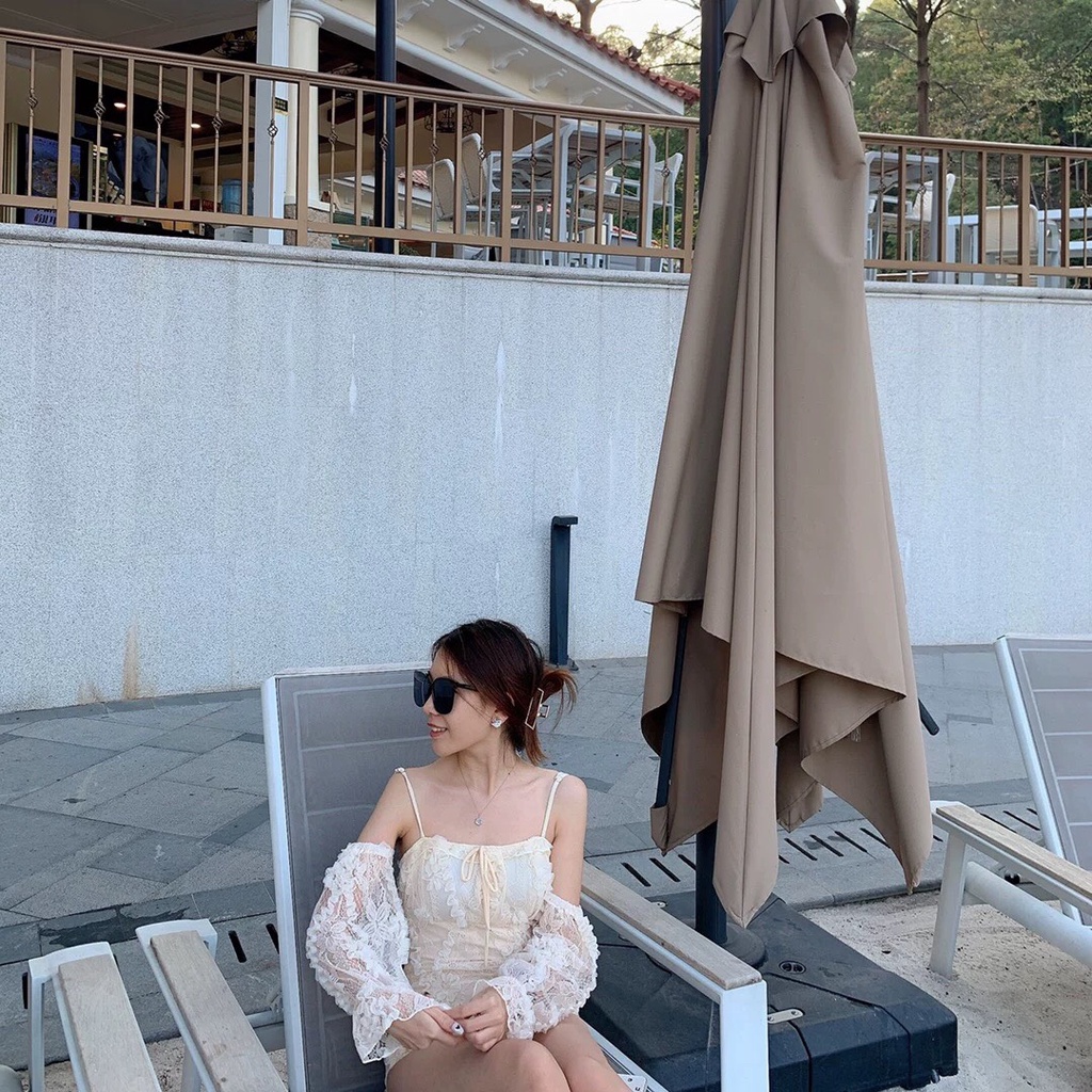 Bikini, Bộ Đồ bơi nữ áo tắm liền một mảnh trễ vai tay rời bồng phối ren sang trọng chất thun lạnh hàn quốc cho phụ nữ