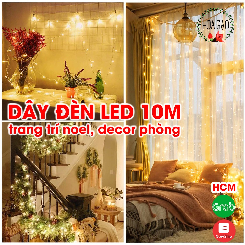 Dây đèn led trang trí noel phòng ngủ ngoài trời 10m không chớp nháy HOA GẠO GDLK chống nước, treo nôi giá rẻ freeship