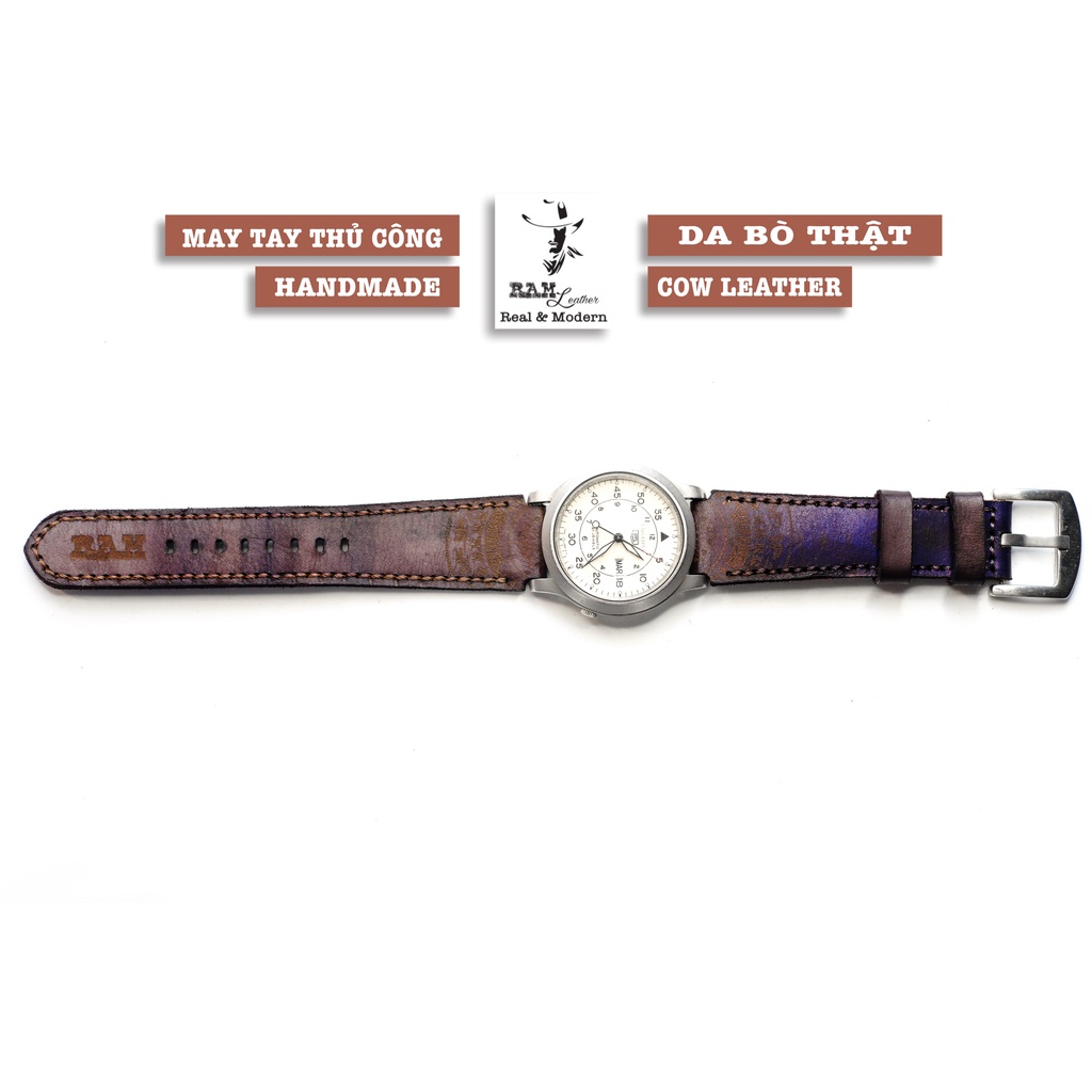 Dây đồng hồ RAM Leather Trống đồng cho CASIO 1200, AE 1200, 1300, 1100, A159 , A168 , Size 18 da bò xanh navy