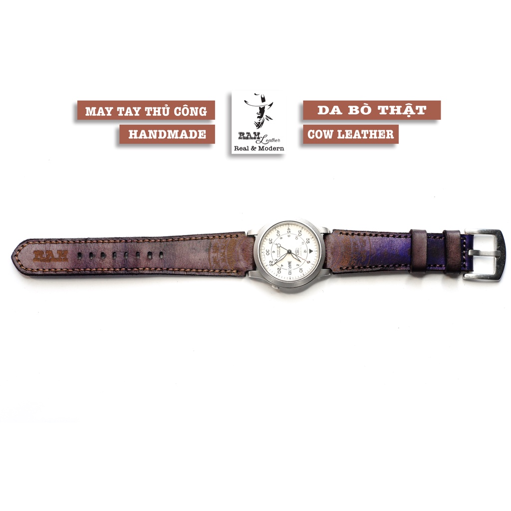 Dây Casio AE 1200 da bò màu tím RAM Leather Violet - tặng khóa chốt và cây thay dây