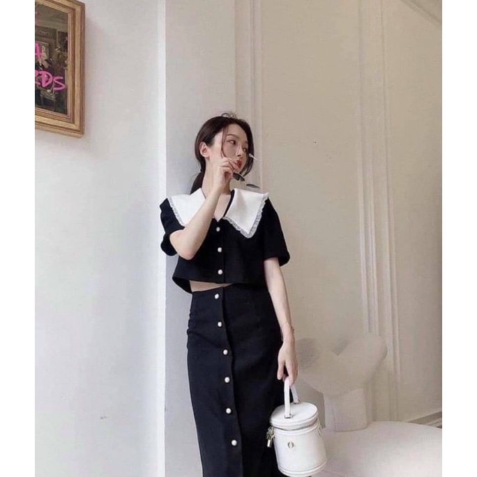 set cổ sen áo croptop + chân váy midi siêu xinh