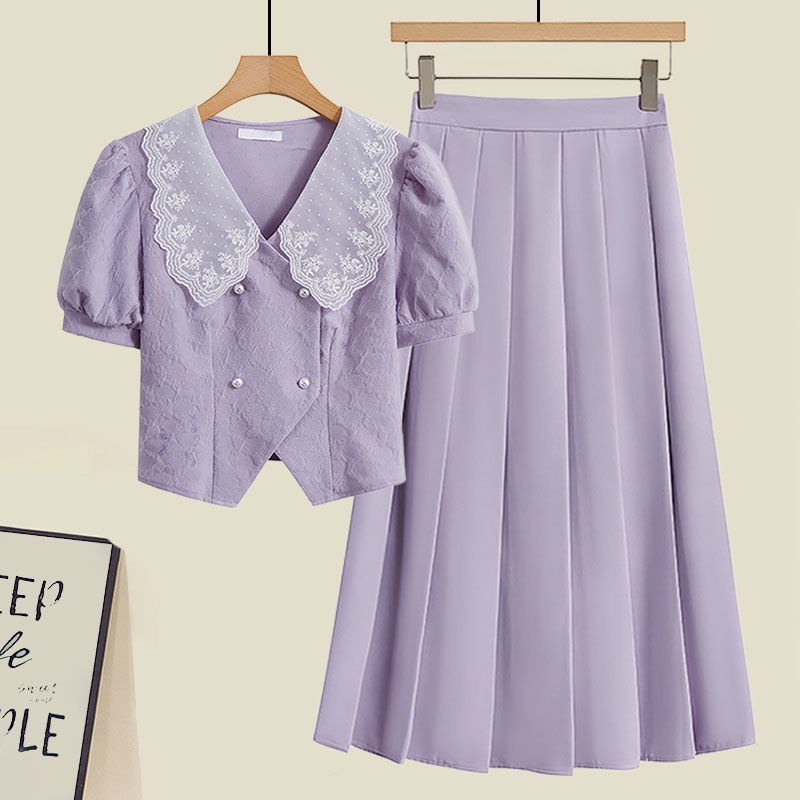 Large size women's summer suit women's 2022 new fashionable age-reducing blouse with waist covering meat half skirt two sets