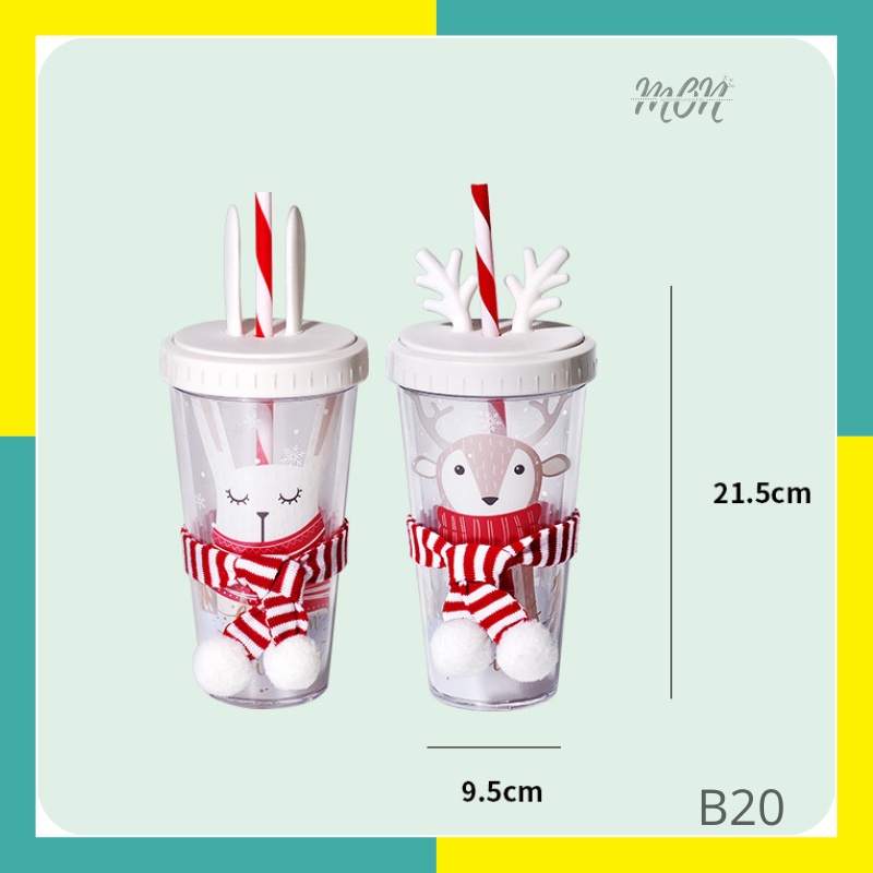 🌸sẵn🌸 Ly nước giữ nhiệt 2 lớp nhựa an toàn họa tiết noel thỏ và hươu - B20