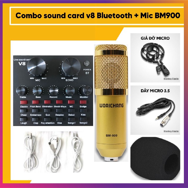 Bộ Mic Hát Livestream V8 + Mic BM900  Thu Âm Hát Live Stream, Karaoke, Cực Hay, Có Bluetooth