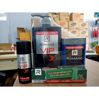 Combo sữa tắm hương nước hoa cao cấp Romano VIP 650g tặng Romano Force tắm gội 150g+ Xịt khử mùi Romano VIP 150ml