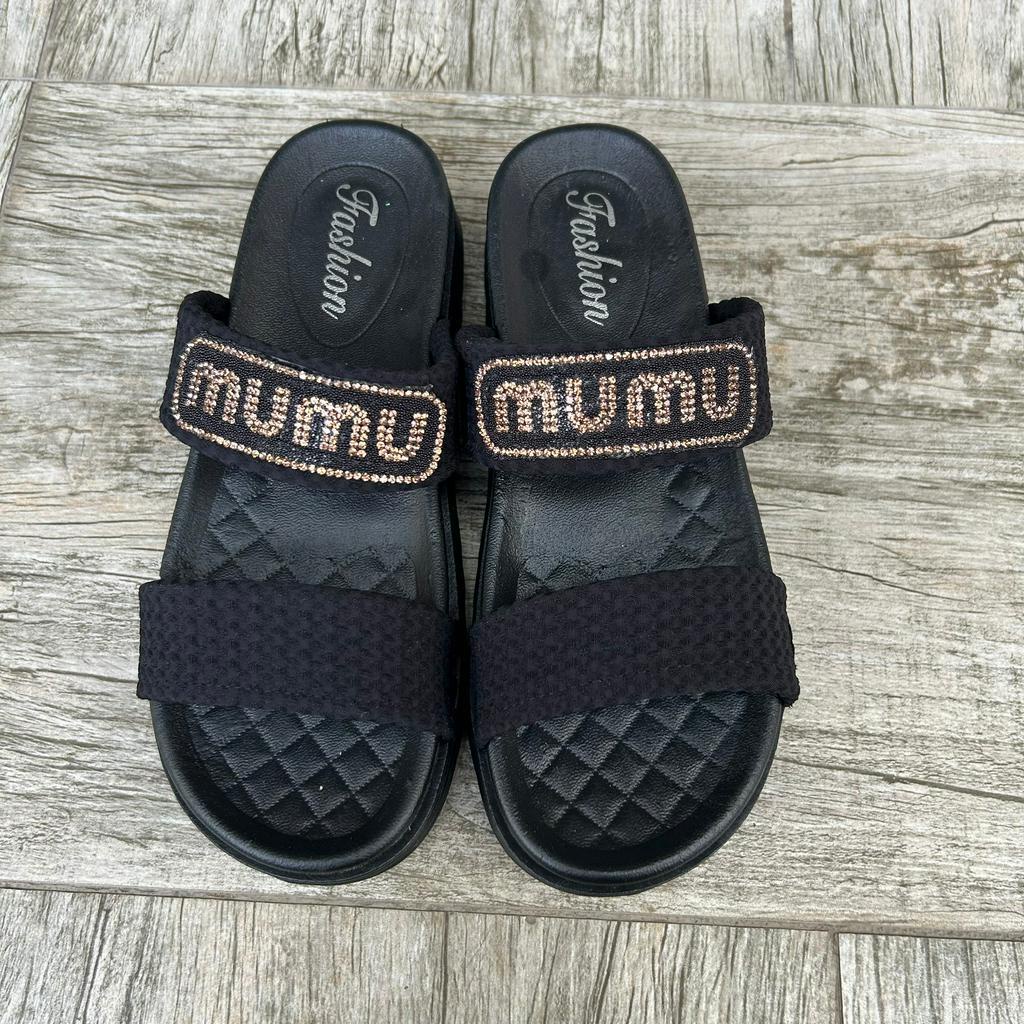 Dép Thời Trang Nữ MUMU 2 Quai Vải Đính Cườm Phong cách Hàn Quốc