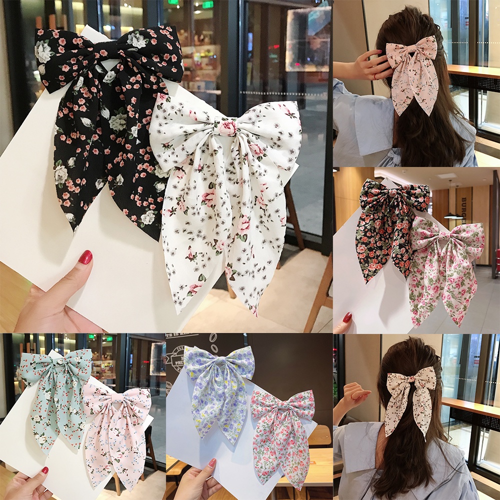 Kẹp Tóc Nơ In Họa Tiết Hoa Xinh Xắn Phong Cách Hàn Quốc Thời Trang Cho Nữ