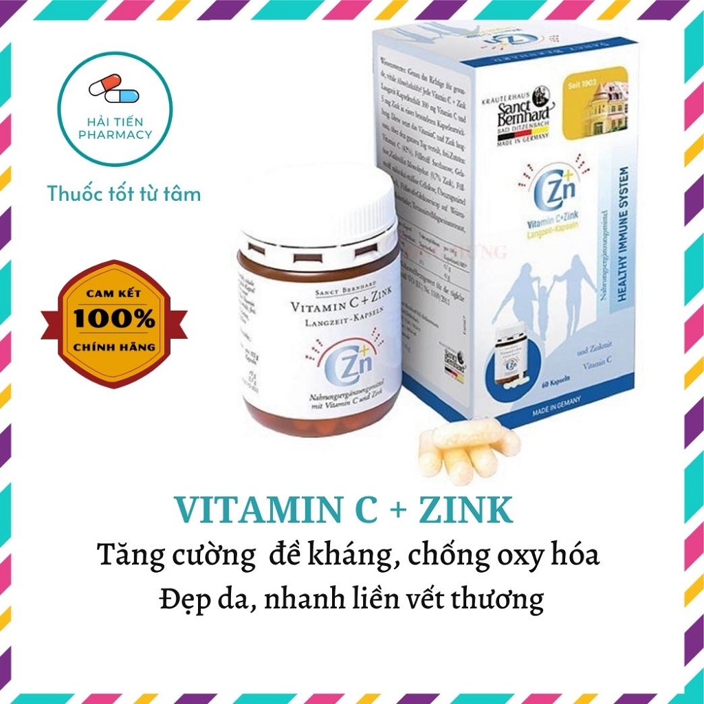 Viên uống bổ sung VITAMIN C + ZINK giúp tăng cường đề kháng, sáng da nhập khẩu Đức hộp 60 viên