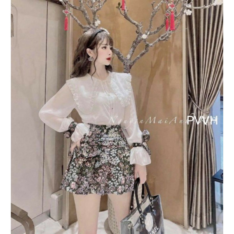 SET ÁO SƠ MI MIX CHANAN VÁY HOA CÓ LÓT MẶC TIỂU THƯ BÁ CHÁY