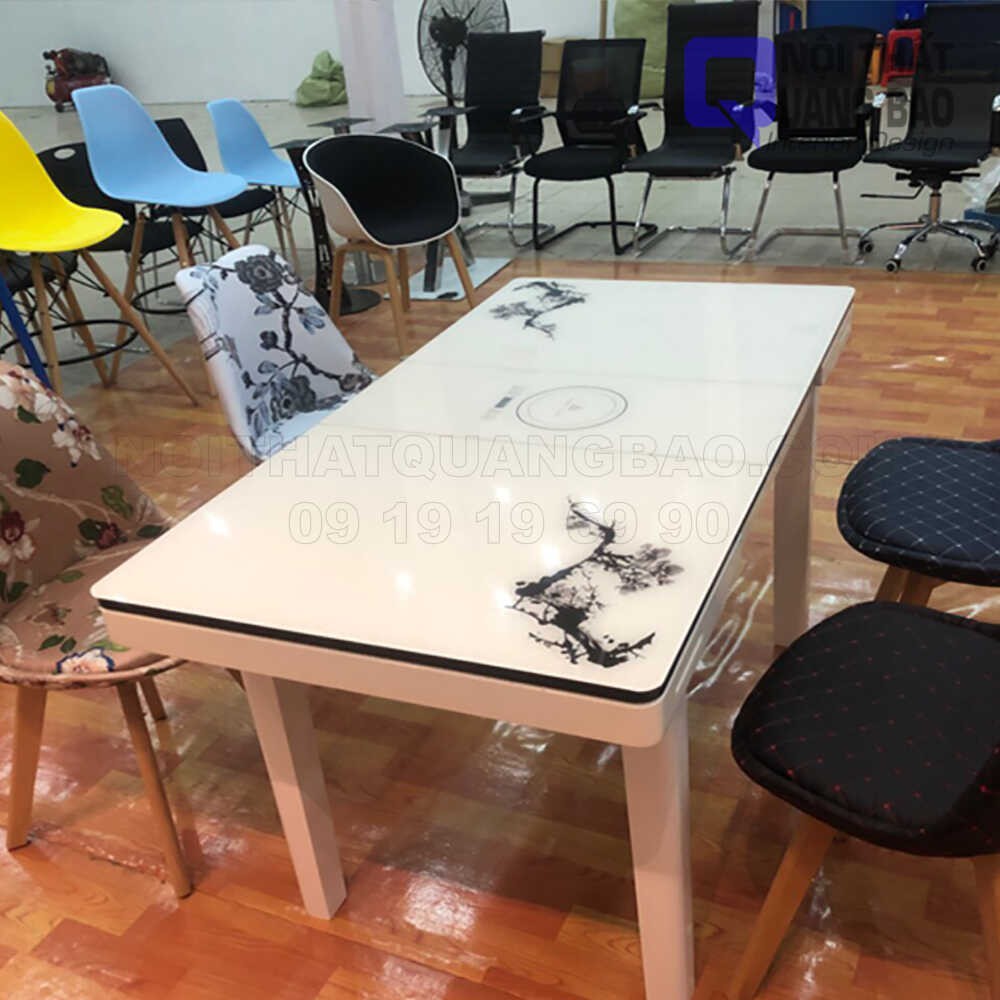 Bàn Ăn Thông Minh Mặt Kính Cường Lực Sơn Màu Có Bếp Từ Mở Rộng,Chân Bàn Gỗ Tự Nhiên Sơn Màu, Không Bao Gồm Ghế (QB-BA11)