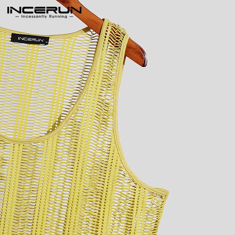 Áo lưới ba lỗ INCERUN xuyên thấu kẻ sọc nhiều màu sắc phong cách hippie cho nam