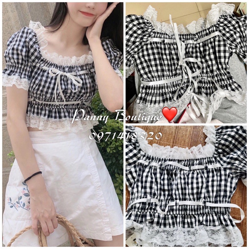 Áo croptop cổ vuông rút dây phối ren lolita xinh xắn, style ulzzang Hàn Quốc 🌻 Panny Boutique 🌻