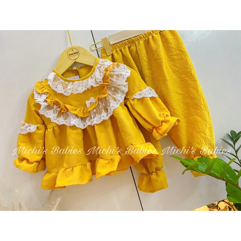 Bộ pizama đũi xốp phối ren tiểu thư siêu xinh cho bé