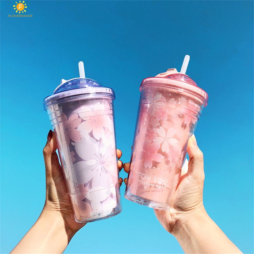 Hoa Anh Đào nước chai cốc nước đá nhựa nước cup mùa hè rơm cup nữ sáng tạo dễ thương quà tặng du lịch ngoài trời hai lớp cốc nước 480ml FLOWERDANCE