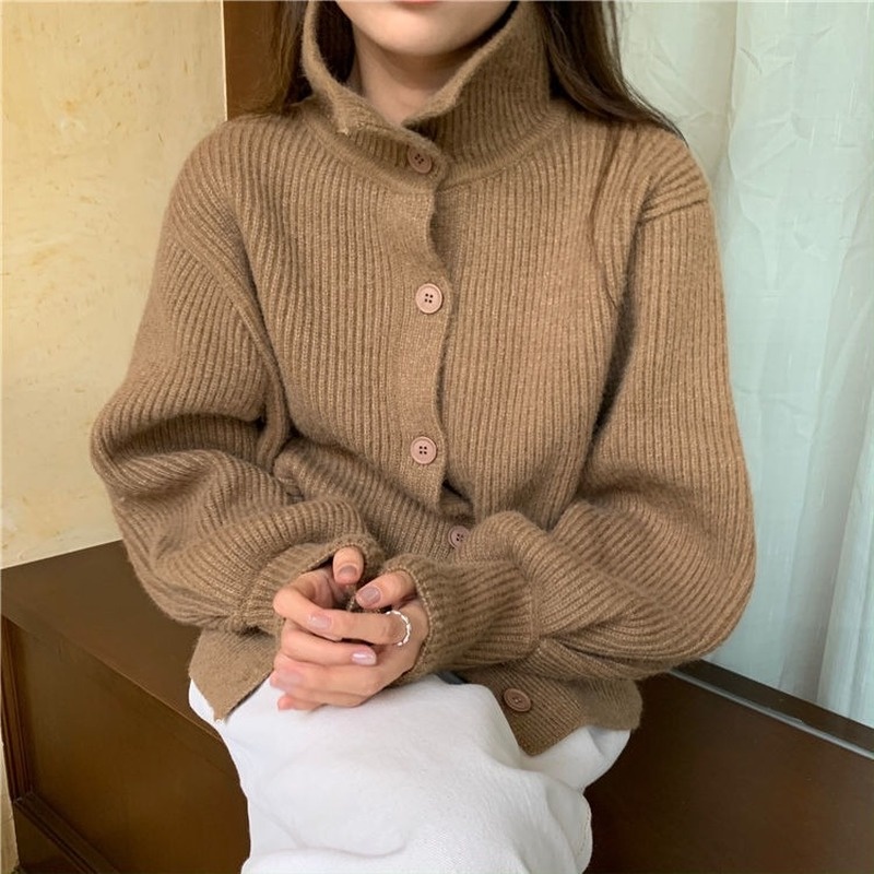 Áo khoác Cardigan dệt kim dày cổ lọ dáng rộng thời trang thu đông cho nữ