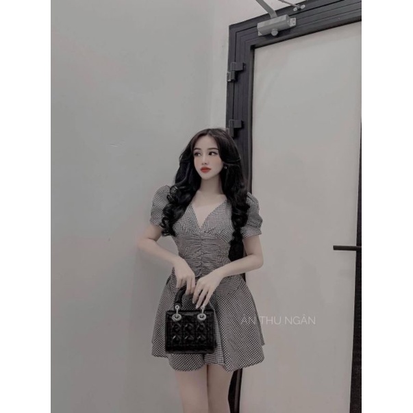 đầm caro cổ tim tay phòng 50kg