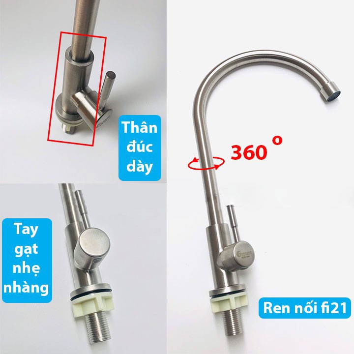 Vòi Rửa Chén Bát Lạnh Inox 304 quay 360 độ dùng cho 2 hộc chậu - Bảo Hành 12 tháng