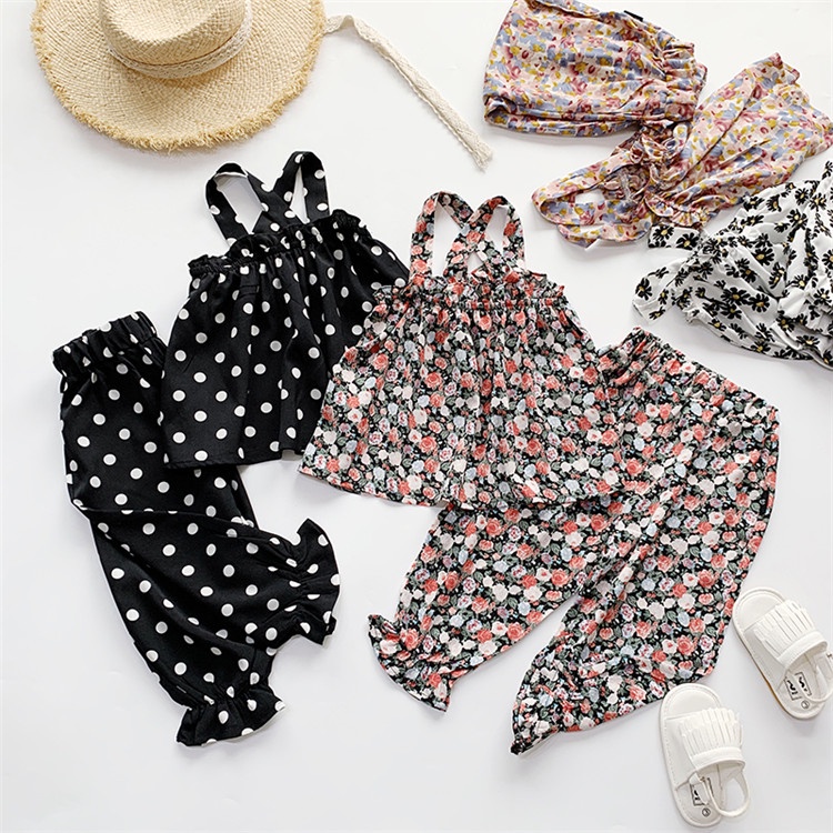 Bộ Áo Hai Dây Họa Tiết Hoa + Quần Dài Thời Trang Mùa Hè Cho Bé Gái