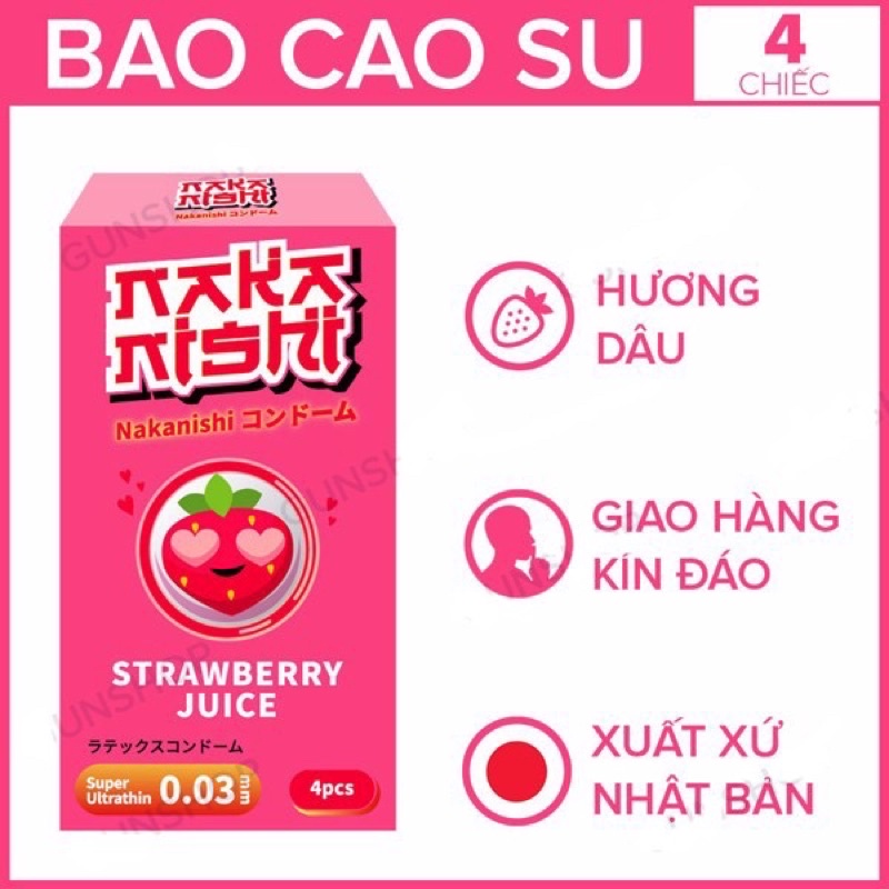 Bao cao su Nakanishi Hương Dâu - Siêu mỏng 0.03mm - 4 bao