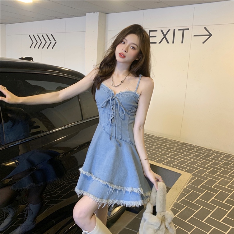 Chân Váy Denim Thiết Kế Cột Dây Phong Cách Retro Hợp Thời Trang