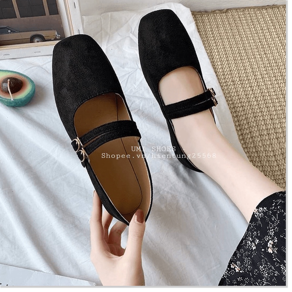 ★ ᗩᗰᗩᘔ𝗜ᑎ𝗚 𝗦𝗛𝗢𝗘𝗦 ★ Giày búp bê nữ đế bệt nubuck mềm màu đen quai chéo ôm êm mẫu mới hot nhẹ nhàng đi học đi làm vă
