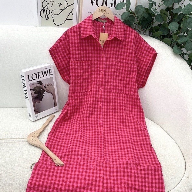 Váy sơ mi váy suông nữ đầm suông sơ mi form rộng họa tiết kẻ caro hồng hottrend PANOSI - V151