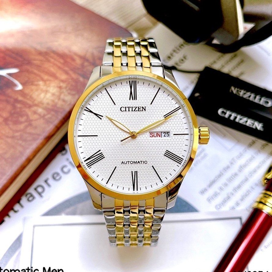 Đồng hồ Nam chính hãng Citizen Automatic NH8354-58A Size 40mm,Mặt trắng,Lịch ngày thứ-Máy cơ-Dây kim loại Demi cao cấp