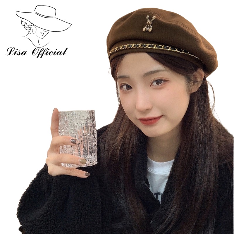 Mũ Nồi Dạ 💖 Lisa Official 💖 Nón Beret Phối Dây Xích Kim Loại Thời Trang Thu Đông Nhật Bản Cá Tính - SV-5