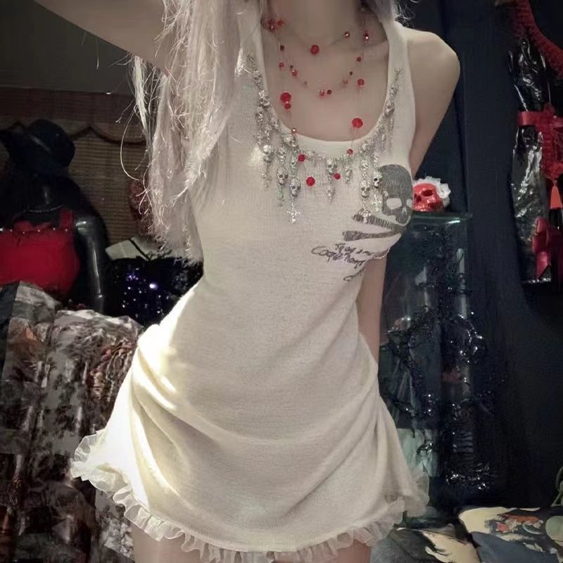 Đầm Hai Dây Màu Trắng Sữa Phong Cách Gothic Mẫu Mới Mùa Hè y2k Millennium Cho Bé Gái