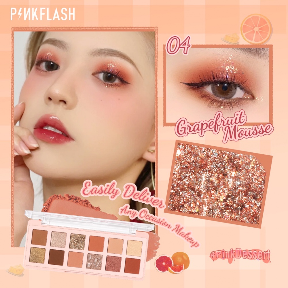 Bảng phấn mắt PINKFLASH 12 màu tông hồng mịn và mịn màng chống nước lâu trôi