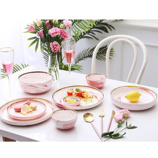 (ĐƯỢC MUA LẺ) SET CHÉN ĐĨA MÀU LOANG MÀU HỒNG GỐM SỨ TRÁNG MEN VÂN ĐÁ PHONG CÁCH TỐI GIẢN BẮC ÂU