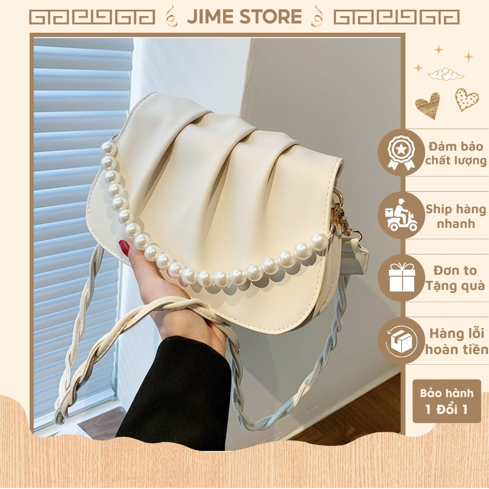 Túi xách nữ đeo vai Jime Store cho nữ bánh bèo thiết kế nếp gấp và quai gắn ngọc T21