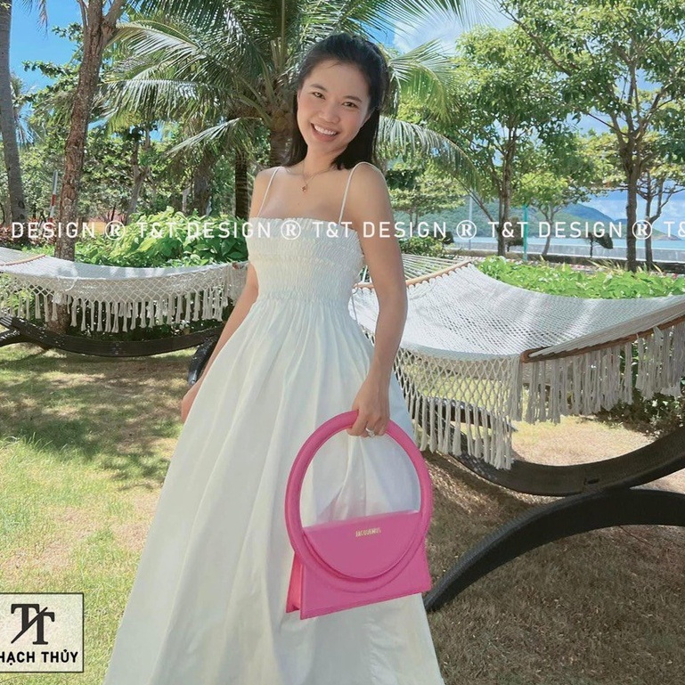 Đầm thiết kếLINH RUBI STORE váymaxi đi biển 2 dây chun ngực dáng xòe có túi chất thô nến V399