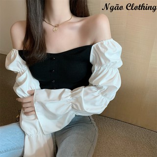 Áo kiểu nữ trễ vai, thời trang Ngão clothing, tay dài, ống bồng cổ vuông, chất vải mát mẻ cực dễ thương, mặc được 2 kiểu
