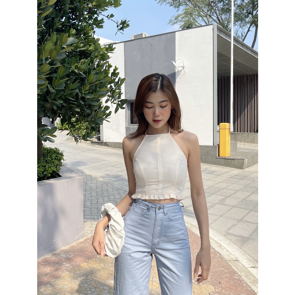 Áo cổ yếm HEYBEE phom croptop, chất liệu vải lụa mềm mát (2 màu) - EMMA CROPTOP HT708