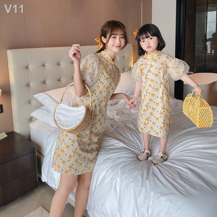 ☢Hanfu cô gái nước ngoài phong cách ăn mặc ban đầu tay áo phồng sườn xám của trẻ em váy mẹ-con mẹ và xu hướng công chúa