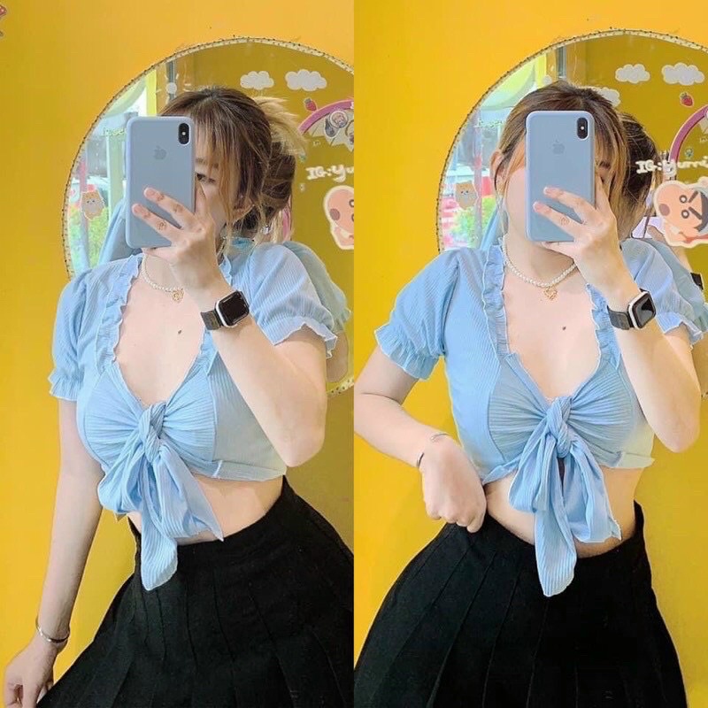 Áo Thun Gân Croptop Viền Bèo Thắt Ngực Dáng Ngắn Ôm Body Sexy Tôn Dáng Cổ V Ngắn Tay TV-FASHION