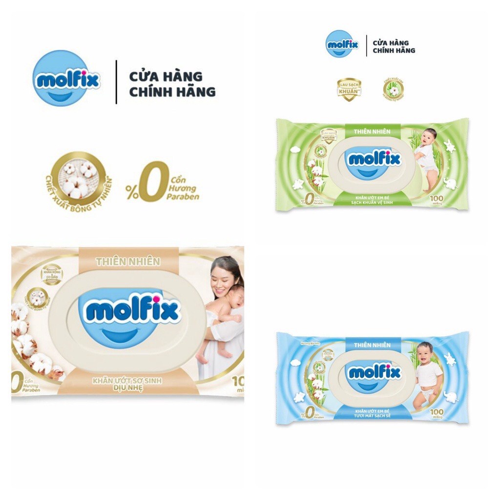 Khăn ướt Molfix thiên nhiên sạch khuẩn dịu nhẹ tươi mát với bông Organic tự nhiên 100 miếng