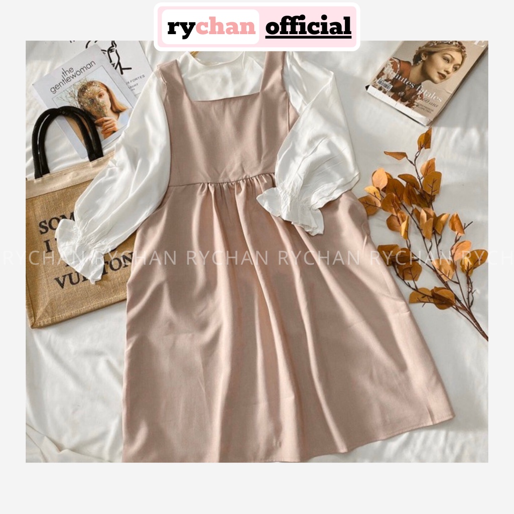 Set Yếm Hồng Mix Áo Trắng Tay Bo Dễ Thương - SE718