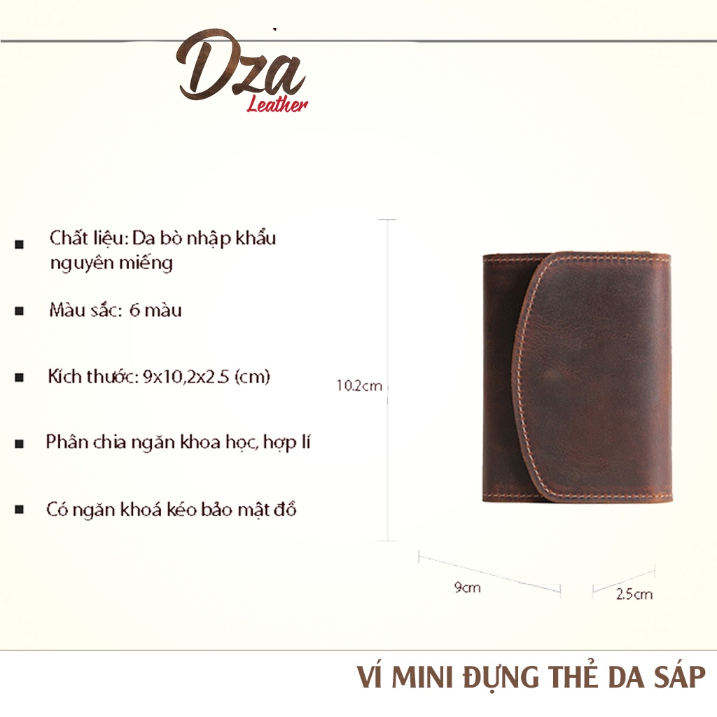 Bóp ví mini đựng tiền và thẻ da sáp nam nữ cao cấp nhỏ gọn sang trọng, ví da thật phong cách vintage Dza leather