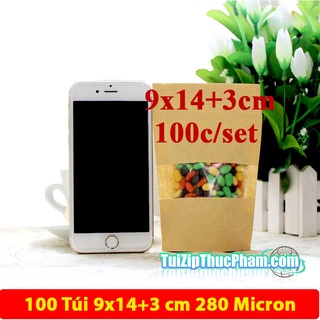 100 cái túi zip giấy kraft vàng size 9x14 cm cửa sổ tràn viền đựng 50g bột mịn, phủ CPP chống nước đựng thực phẩm