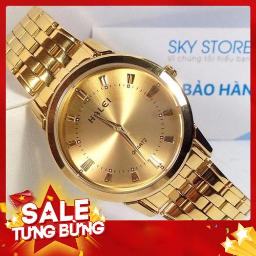 Đồng hồ nam nữ HALEI dây thép không gỉ mạ vàng cao cấp kiểu dáng sang trọng