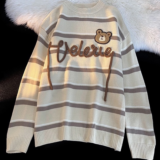 ZHELIHANGFEI Áo Sweater Tay Dài Cổ Tròn Kẻ Sọc Dễ Thương Xinh Xắn