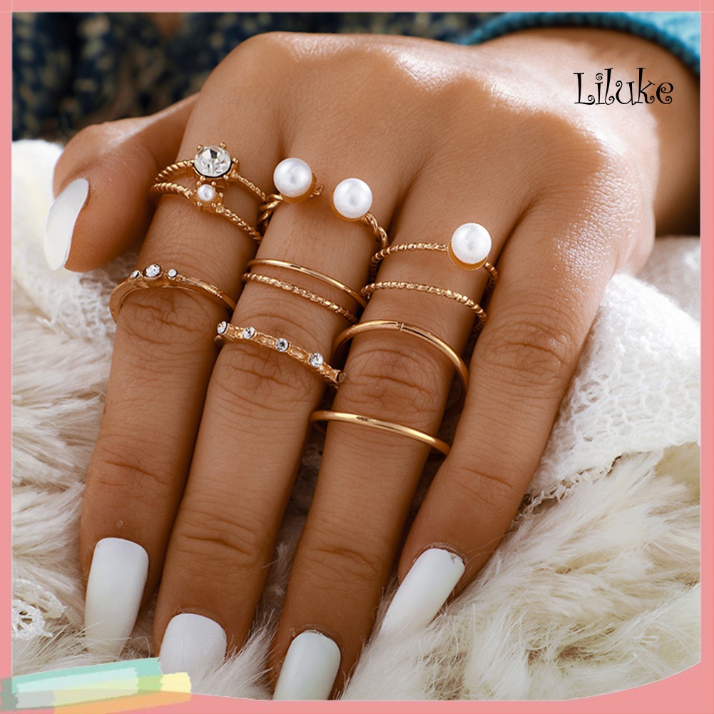 Bộ 5 / 8 Nhẫn Hợp Kim Hở Trang Trí Ngọc Trai Giả Phong Cách Bohemian Cho Nữ