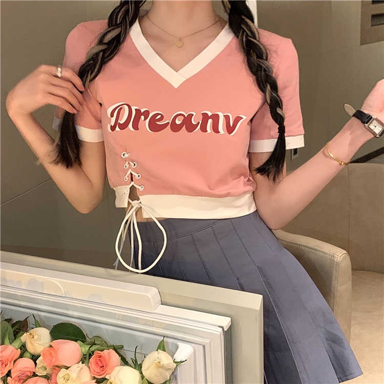 【ZHELIHANGFEI】 / Áo Thun Tay Ngắn Màu Trơn Kiểu Retro Mỹ Thời Trang Mùa Hè Cho Nữ